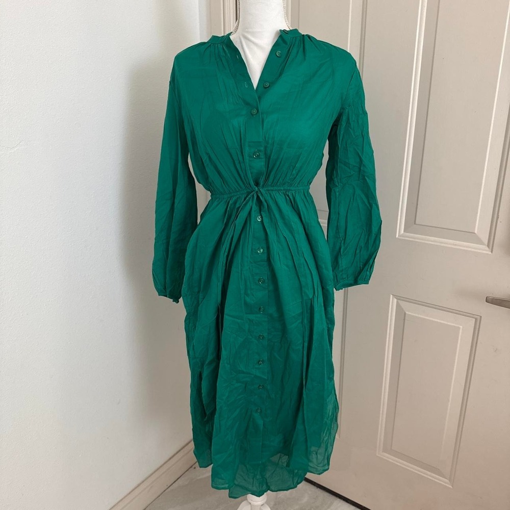 NWT JCrew Green Tie-Waist Cotton Voile Midi Dress Shirtdress